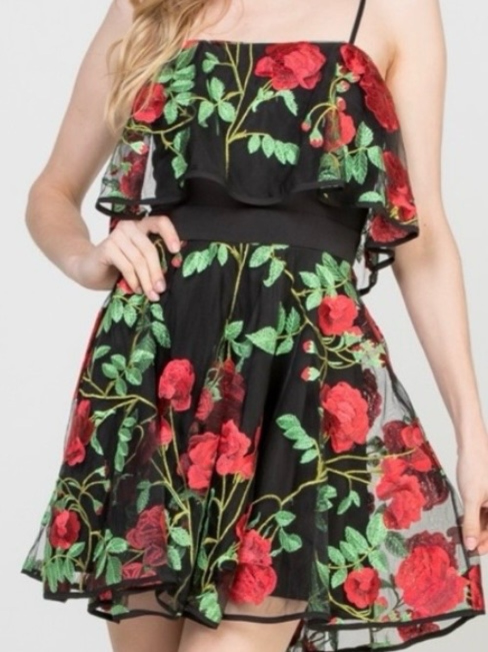 Black with red Embroidery Floral Mini Dress with adjustable straps - Picture 3 of 7